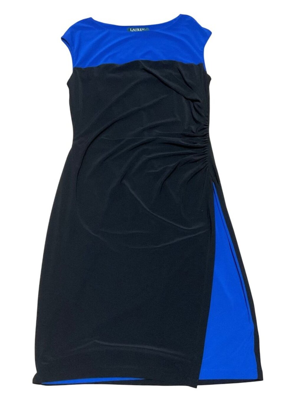 Lauren Ralph Lauren Dress Sz 10 Blue Black Color Blocked Ruched Side Slit